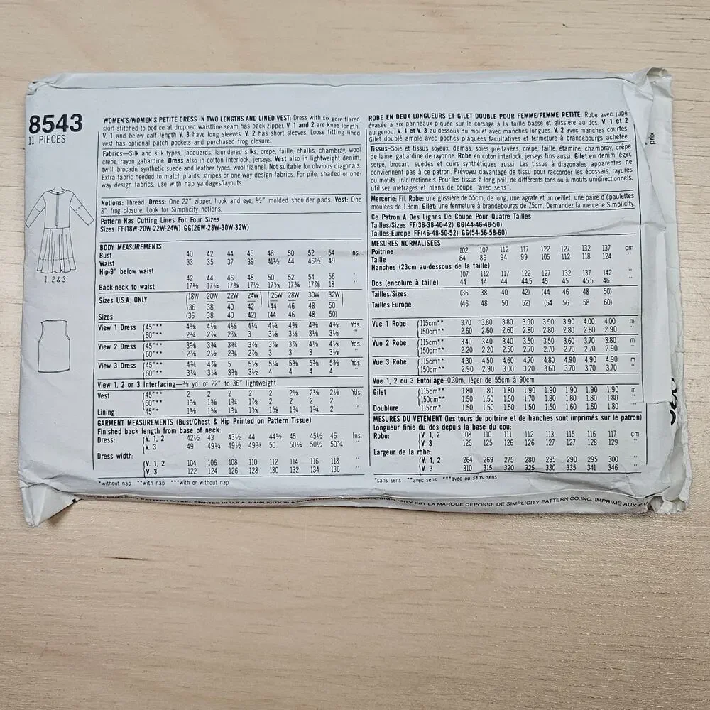 Vintage 1993 Simplicty Pattern 8593 Sie 18W-24W